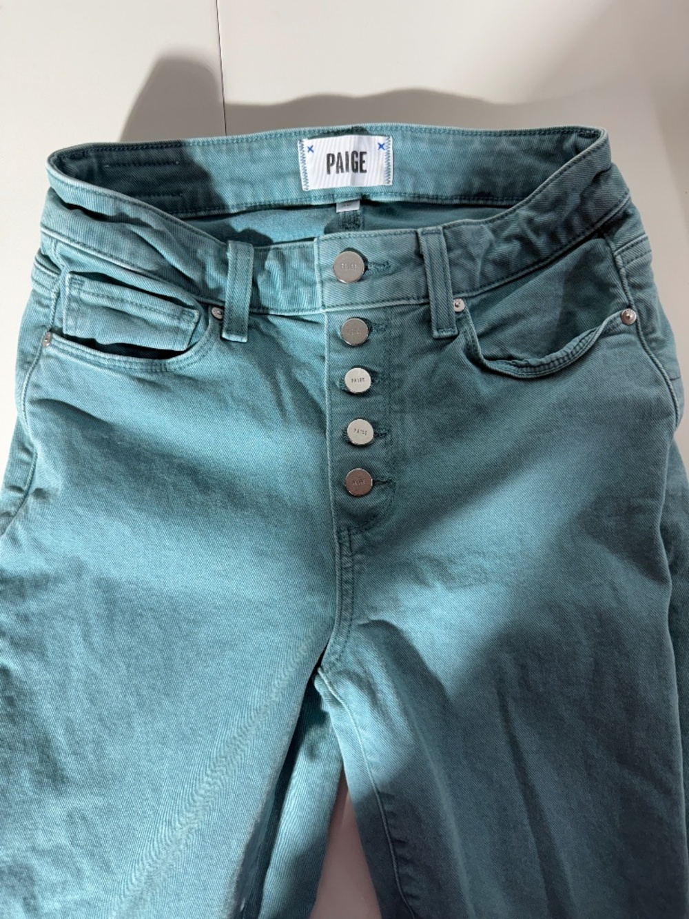 PAIGE Seafoam Aqua Button Fly Skinny Jeans Women’s Size 25